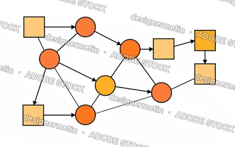 Network Diagram Of Orange Circles And Yellow Squares Connected By Arrows On White Background
