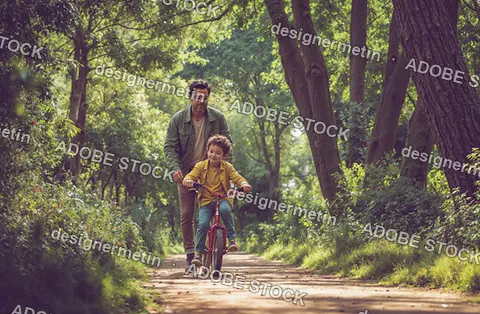 Father Teaching His Young Son How To Ride A Bicycle Along A Sunny Dirt Path Surrounded By Lush Green Trees In A Park