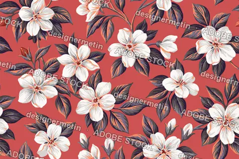 Vintage Botanical Seamless Pattern Vector With White Blooming Flowers And Dark Leaves On Coral Red Background