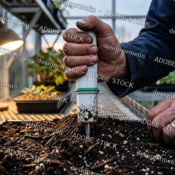 Man'S Hands Planting Seedlings In Soil With White Pot In Greenhouse Sunlight