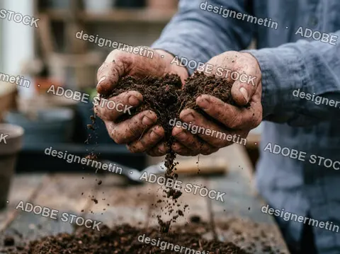 Hands Holding Rich Soil, Gardening Texture Close Up With Dirt Falling In Sunlight