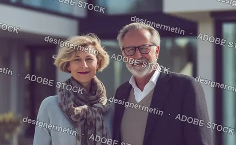 Smiling Older Couple Walking Outdoors In City Street, Wearing Coats And Scarves