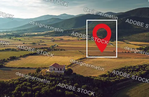 Travel Location Pin Icon Over Mountain Valley Landscape At Sunset, Aerial View