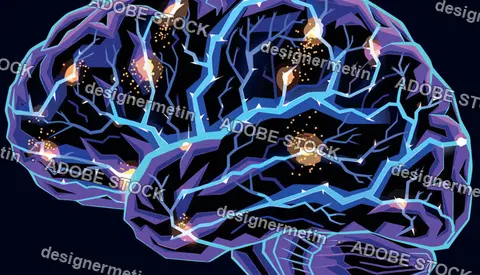 Abstract Human Brain Vector Illustration Showing Active Neural Networks And Glowing Synaptic Impulses On Dark Background