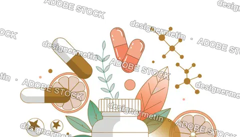 Flat Vector Illustration Of Vitamin Pills Capsules Bottle With Citrus Fruits And Botanical Leaves