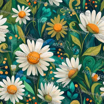 Seamless Colorful Floral Pattern With White Daisies, Orange Centers And Green Leaves