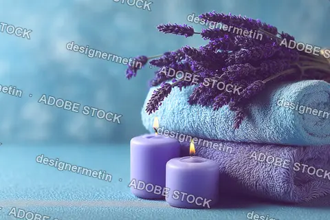 Purple Candles With Folded Towel And Purple Lavender Flowers For Spa Relaxation