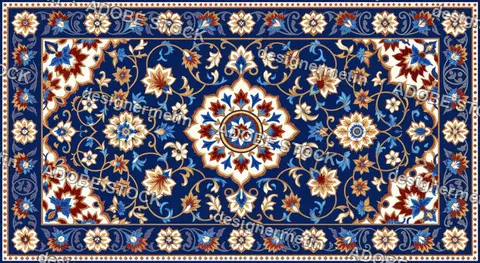 Ornate Floral Tile Pattern With Blue Gold White And Red Medallions, Center Medallion On Dark Navy Background