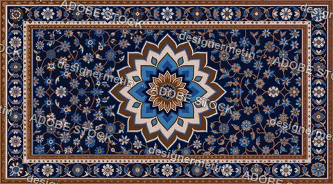Ornate Blue Floral Medallion Rug Pattern With Geometric Borders, Center Flower, Decorative Damask Style Texture