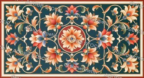 Ornamental Floral Vintage Border With Curl Vines, Teal Background, Red Orange Blue Flower Centerpiece