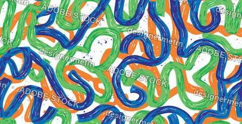 Abstract Doodle Seamless Pattern Vector With Playful Colorful Curved Brush Strokes And Lines On White