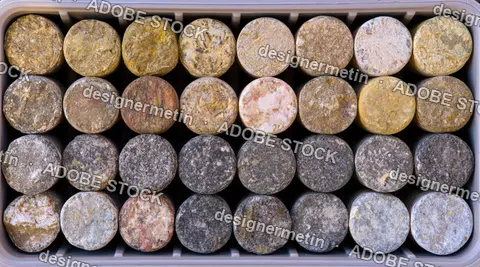 Round Stone Pebbles In Tray, Natural Rock Texture Close Up On Light Gray Background