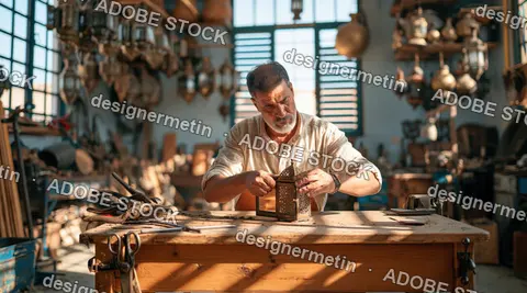 Skilled Craftsman Assembling An Ornate Metal Lantern On A Wooden Workbench Inside A Sunlit Workshop