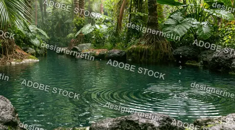 Tropical River Pool With Lush Palm Jungle And Ripples Over Green Water