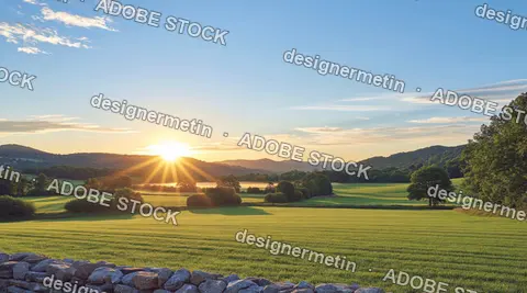 Green Countryside Fields At Sunrise With Sun Rays Over Rolling Hills And Trees