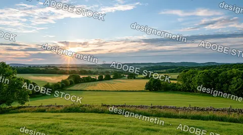 Rolling Green Countryside Landscape At Sunrise, Sun Rays Over Fields And Trees