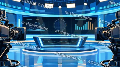Futuristic Television Studio With Cameras And Data Screens Video