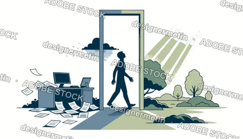 Businessman Leaving Messy Dark Office Into Peaceful Nature Vector
