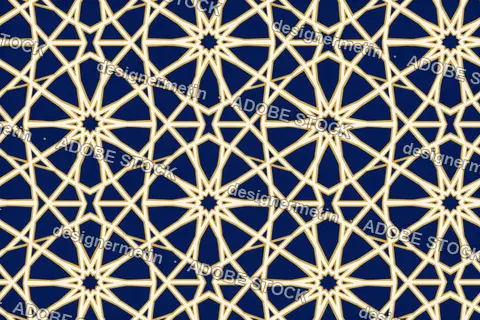 Seamless Geometric Star Pattern With Interlocking Gold Lines On A Deep Blue Background