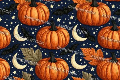 Seamless Halloween Pattern With Orange Pumpkins Bats Crescent Moons And Stars