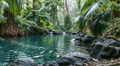 Tropical Forest Pool With Palm Fronds And Rippling Water Among Dark Rocks