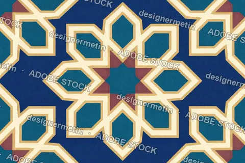 Seamless Geometric Star Pattern With Cream And Gold Lines On A Deep Blue Field