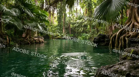 Tropical Jungle River With Rippling Water And Palm Trees In Lush Green Forest
