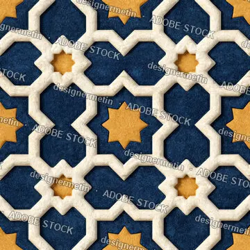 Seamless Geometric Islamic Star Pattern In Ivory, Navy Blue And Golden Ochre