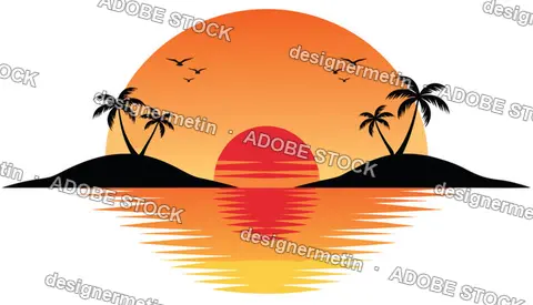 Tropical Island Sunset Vector Illustration With Palm Trees And Water Reflection