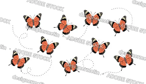 Orange Monarch Butterflies Flying With Dashed Flight Trails, Vector Illustration