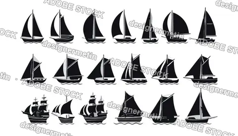 Set Of Sailing Boat Silhouette Icons On White Background, Vector