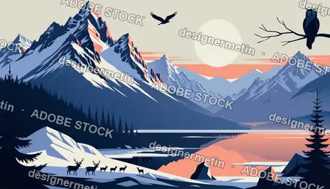 Flat Vector Winter Mountain Landscape With Deer Lake And Wildlife At Sunset
