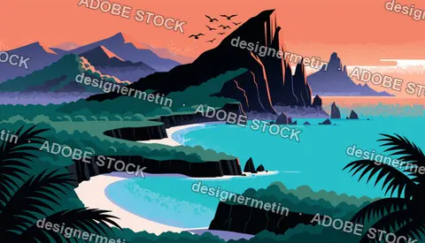 Tropical Coastal Bay With Cliffs And Mountains At Sunset, Vector Illustration