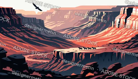 Wild Horses Roaming Along Canyon Cliff At Sunset Landscape Vector