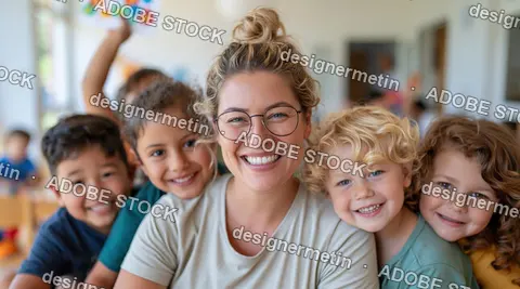 Smiling Teacher With Group Of Children In Classroom, Warm Morning Light