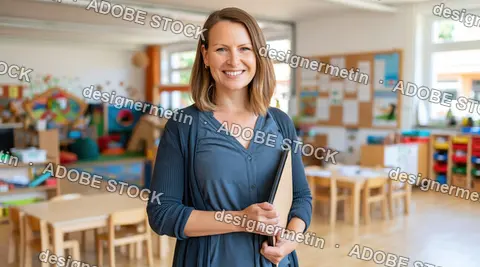 Smiling Teacher Holding Clipboard In Bright Classroom, Educational Background