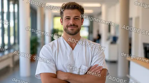 Smiling Male Doctor In White Scrubs With Arms Crossed In Bright Hospital Corridor