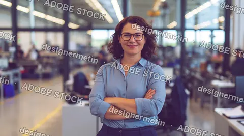 Smiling Woman In Office Warehouse With Arms Crossed, Wearing Glasses And Light Blue Shirt