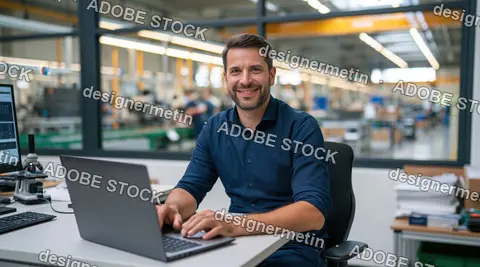 Smiling Male Engineer Working On Laptop In Modern Industrial Manufacturing Facility Office