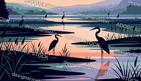 Herons Standing In A Peaceful Marsh At Sunset, Vector Landscape Illustration
