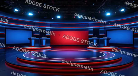 Modern Television Debate Studio With Circular Stage Podium Lecterns And Glowing Blue And Red Neon Lights