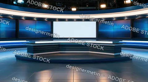 Wide studio with a central blank screen