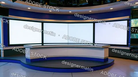 Modern Television News Studio Interior With Empty Curved Desk And Large Blank Display Screens
