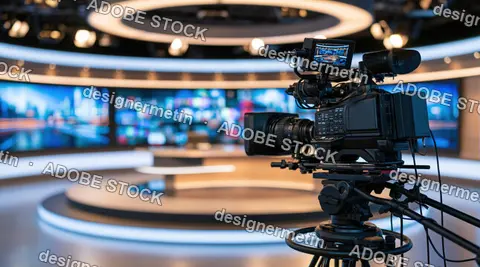 Professional Broadcast Video Camera In Modern Television Studio With Blurred Screens In Background