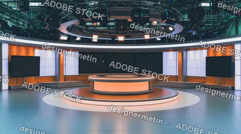 Warm-lit circular news desk