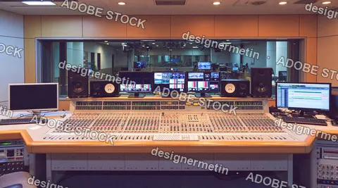 Professional Audio Mixing Console With Monitors And Speakers In A Broadcast Studio