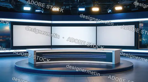 News desk beneath circular ceiling lights