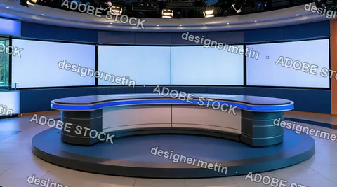 Curved news desk with wide blank screens