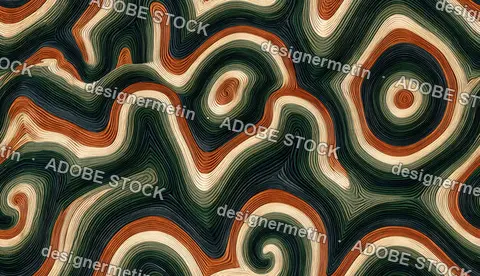 Abstract Topographic Wave Lines Seamless Pattern In Warm Orange, Green And Cream On Dark Background