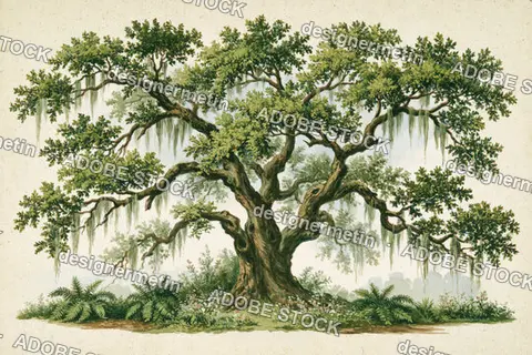 Ancient Sprawling Tree With Hanging Moss In A Lush Forest Illustration Background
